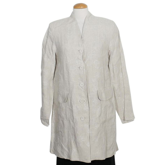 Beige Linen Jacquard Long V-neck Jacket M - Picture 1 of 3